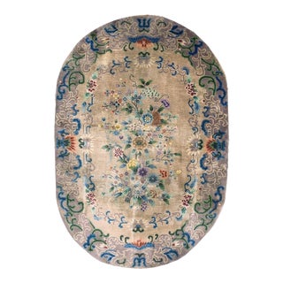 1920s Sand Field Floral Modern Antique Chinese Art Deco Oval Room Size Wool Rug For Sale
