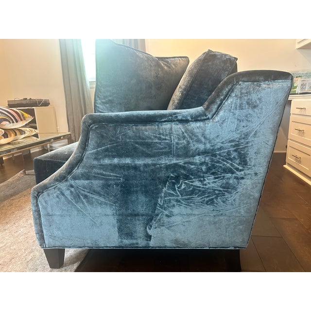 Massoud Furniture Like New Blue Velvet Massoud Loveseat For Sale - Image 4 of 5