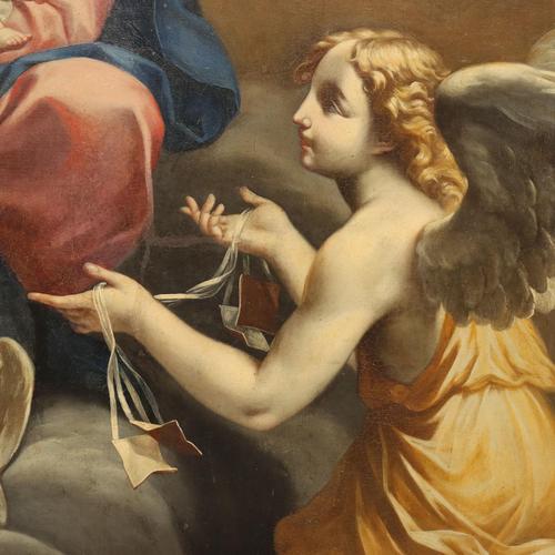 Textile Emilian School, Madonna with Child and Angels, 18th Century, Oil on Canvas For Sale - Image 7 of 15