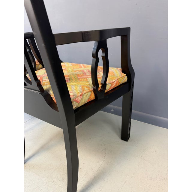 Elegant Pair of 1970s Black Chinoiserie Arm Chairs W/Carved Details Mid Century For Sale - Image 10 of 11