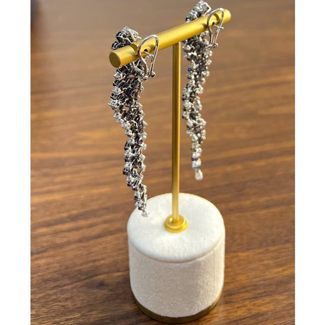 Blue Sapphire Cascade Wave Diamonds 18k White Gold Statement Fancy Earrings, A Pair For Sale - Image 11 of 12