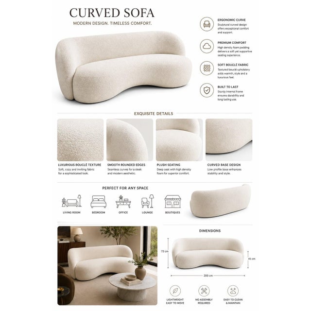 Textile Contemporary White Bouclé Curved Sofa With Sculptural Organic Form For Sale - Image 7 of 7