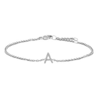 10K White Gold Diamond Accent "A" Initial Charm and Link Bracelet For Sale
