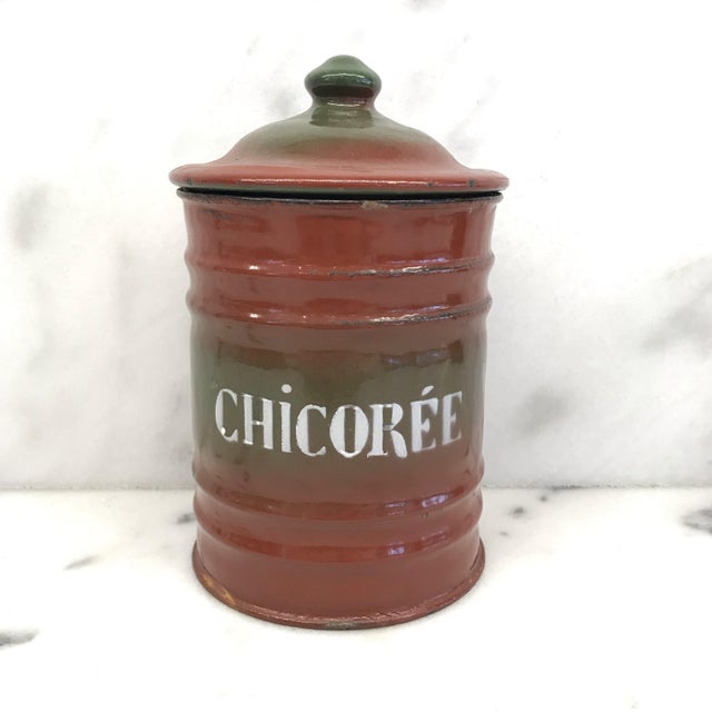 Vintage French Enamel Kitchen Canister Set Red/Green - 6 Pieces