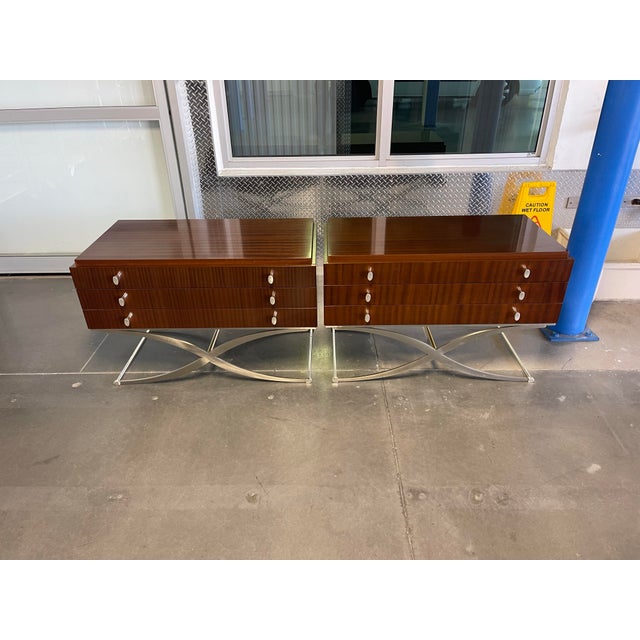 Late 20th Century Architectural Italian Modern Nightstands With Brushed Stainless X-Form Bases – A Pair For Sale - Image 5 of 18