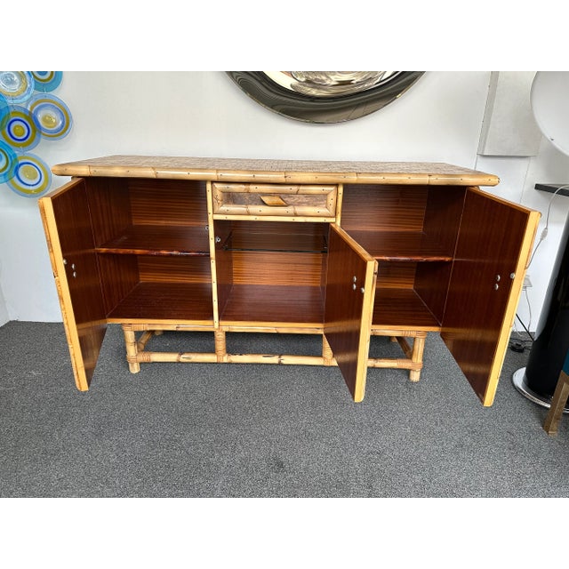 Tan Bamboo Wood and Cow Leather Buffet Dry Bar. Italy, 1970s For Sale - Image 8 of 12