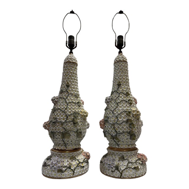 Antique Meissen Style Porcelain "Schneeballen" (Snowball) Vase Table Lamps - A Pair For Sale