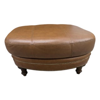 Late 20th Century Classic Caramel Brown Leather Nailhead Ottoman / Coffee Table Pouf For Sale