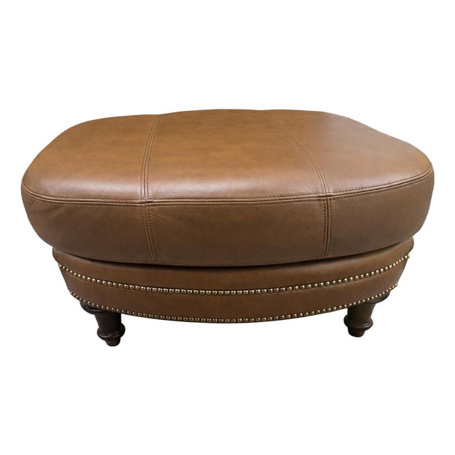 Late 20th Century Classic Caramel Brown Leather Nailhead Ottoman / Coffee Table Pouf For Sale