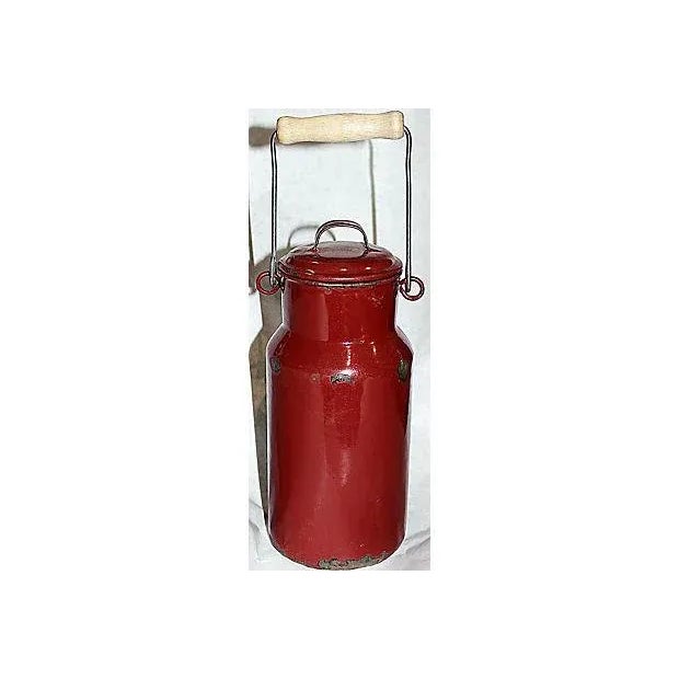 Rare colored red-brown French enamelware lidded and handled soup carrier to use or display. Meas: 13" H to handle