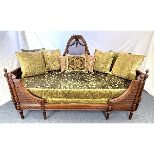 Wood Antique French Cane Daybed With Carved Roses and Velvet Upholstery For Sale - Image 7 of 13