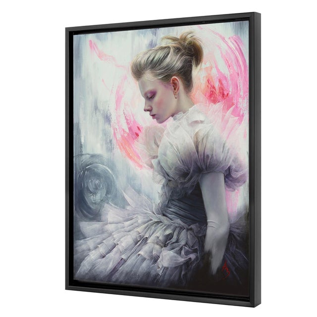 This artwork depicts a young woman in a delicate, ruffled gown, her profile turned gracefully as she appears lost in...