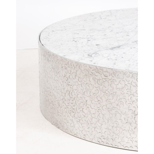 Studio Gallet &amp; Dauzet "HISPAR" Coffee Table, circular gray textured carrara iceberg marble above hammered polished...