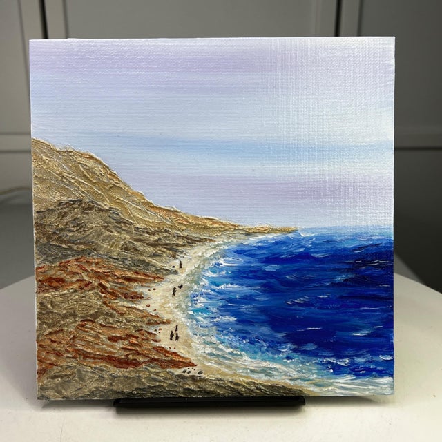 Evening Stroll Beach Scene Wall Art 8" X 8" Acrylic Painting Original Unframed For Sale - Image 4 of 7