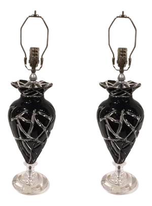 Transitional Italian Black Amethyst Clear Cut Glass Table Lamps Pair