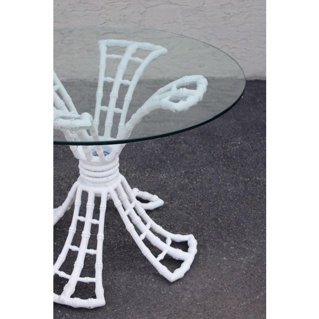 Hollywood Regency Cast Aluminum Faux Bamboo Round Glass Top Patio Table For Sale - Image 11 of 18