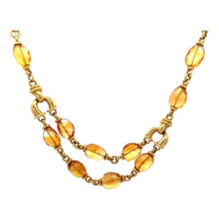 Vintage Citrine Bead 18k Gold Two Strand Necklace For Sale