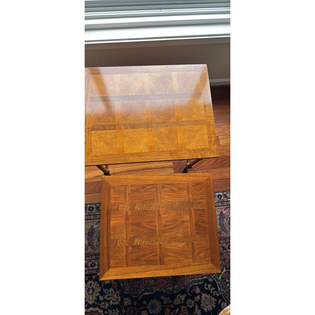 Traditional Baker Furniture English Regency Walnut and Burl Wood Parquet Top Nesting Tables, Pair For Sale - Image 3 of 12