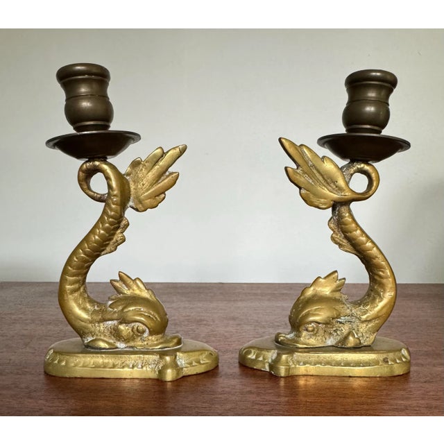 Pair of Vintage Brass Neoclassical Dolphin Candlesticks For Sale - Image 4 of 7