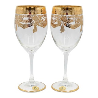 F&p Hand-Made Italian Wine Glasses – 24k Gold Trim, Mid-Century, Set of 2 For Sale