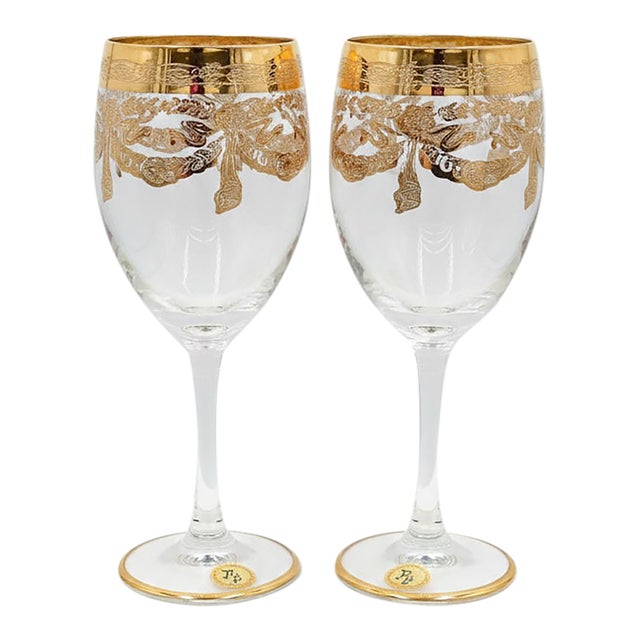 F&p Hand-Made Italian Wine Glasses – 24k Gold Trim, Mid-Century, Set of 2 For Sale