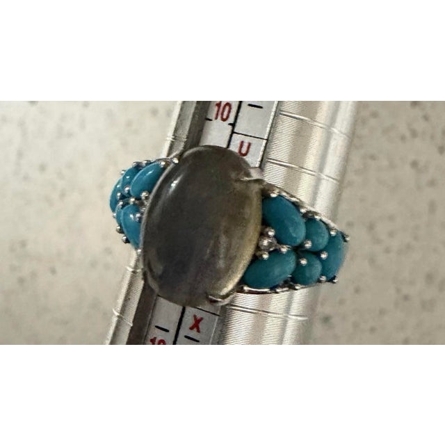 1970s 1970s KHR India Sterling Silver Bronzite and Turquoise Ring Size 11 Signed For Sale - Image 5 of 5
