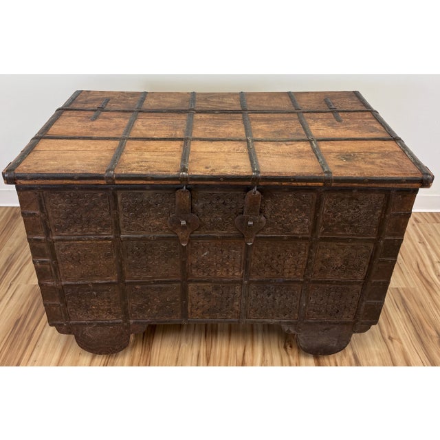 Indian Vintage Carved Wood Indian Dowry Wedding Trunk For Sale - Image 3 of 12
