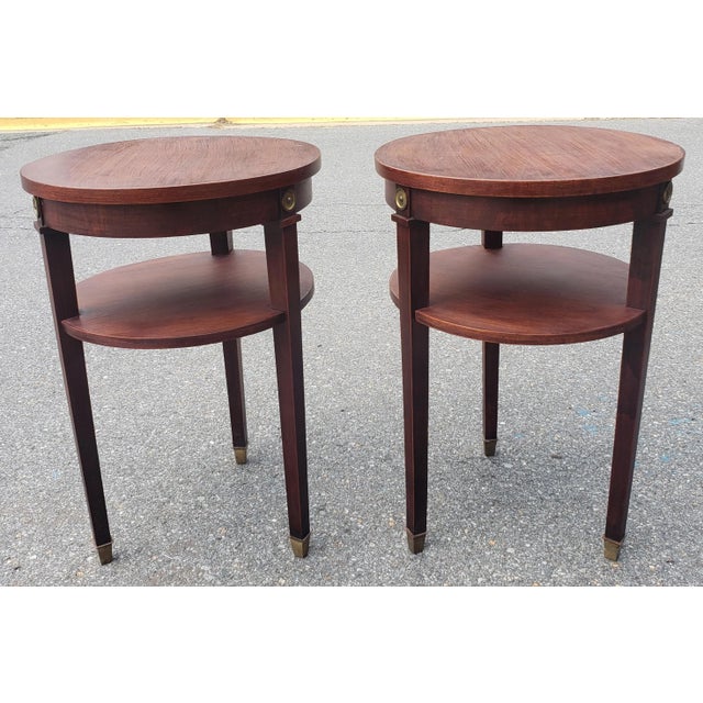 1950s Refinished Mahogany 2-Tier Round Candle Stands With Brass Capped Legs, Pair For Sale - Image 9 of 10