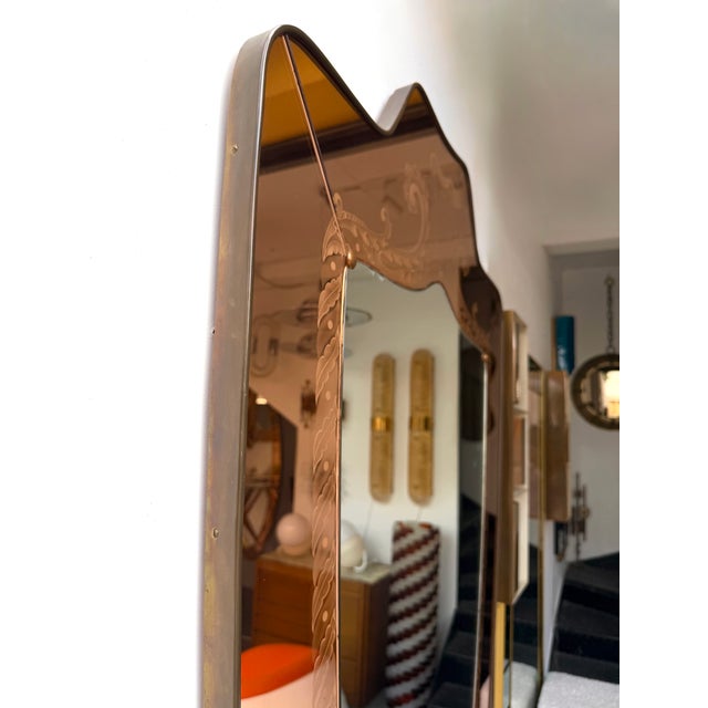 Metal Mirror Brass and Pink Colored Glass by Giovanni Battista Gariboldi Italy, 1950s For Sale - Image 7 of 15