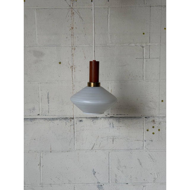 1960s Mid-Century Modern Teak and Opaline Glass Pendant Light Scandinavian Ceiling Lamp For Sale - Image 9 of 9