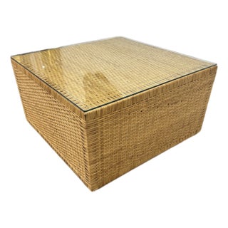 Boho Coastal Wicker Glass Top Cube Coffee Table For Sale
