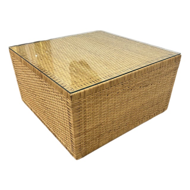 Boho Coastal Wicker Glass Top Cube Coffee Table For Sale