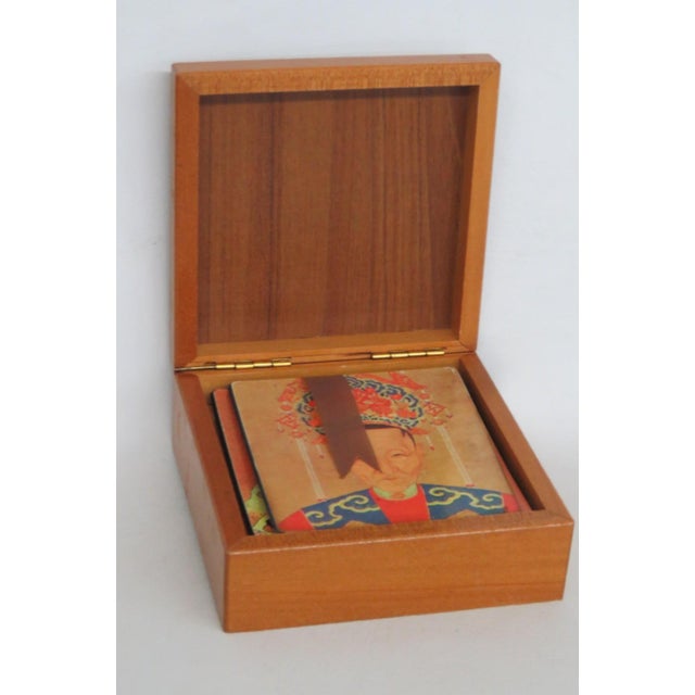 Mid 20th Century Chinoiserie Boxed Set of 6 Square Coasters Chinese Ancestor Portrait Motif For Sale - Image 4 of 15