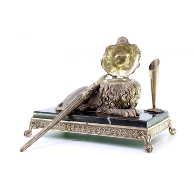 Silver Inkwell with Lion Figure and Pen on Marble and Silver Base with Claw-Shaped Feet For Sale - Image 3 of 9