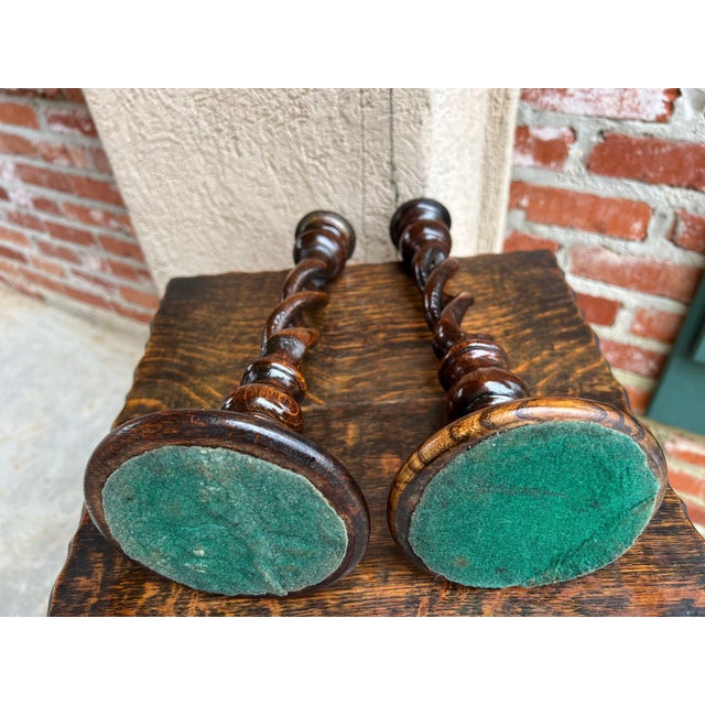 Antique English Oak Open Barley Twist Candlesticks Jacobean Pair C1860 12.5” For Sale - Image 12 of 18