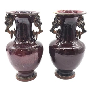 Pair of Chinese Sang De Boeuf Flambé Glazed Vases With Dragon Handles For Sale