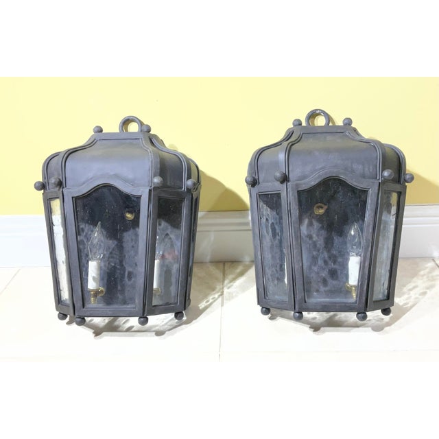 Exceptional Pair of Hand-Forged Iron Wall Lanterns Architectural Sconces For Sale - Image 12 of 17