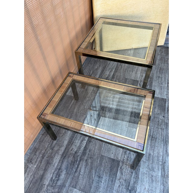 A Pair of Vintage Hollywood Regency Gold Brass and Wicker Side Tables in the Milo Baughman for the Design Institute of...