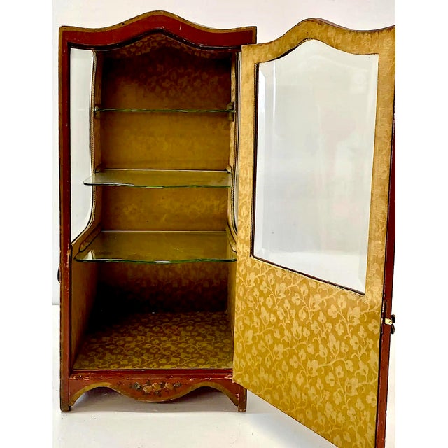 Ruby Red Antique Tabletop Hand-Painted, Fabric-Lined Display Cabinet With Glass Shelves For Sale - Image 8 of 12