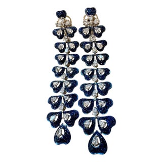 6 Ct Natural Blue Sapphire & 3 Ct Diamond hanging Earrings 18Kt White Gold 3" For Sale