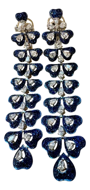6 Ct Natural Blue Sapphire & 3 Ct Diamond hanging Earrings 18Kt White Gold 3"