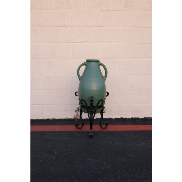 Antique 1920s Olive Green Glazed Oil Jar With Wrought Iron Stand For Sale - Image 4 of 16