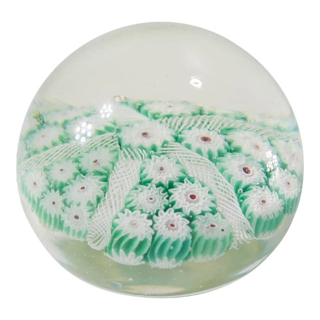 Mid-Century Italian Murano Art Glass Green Millefiori Paperweight For Sale
