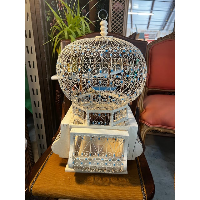 Metal Vintage Indo-French White Metal Bird Cage With Hand Made Bird Figurines For Sale - Image 7 of 11