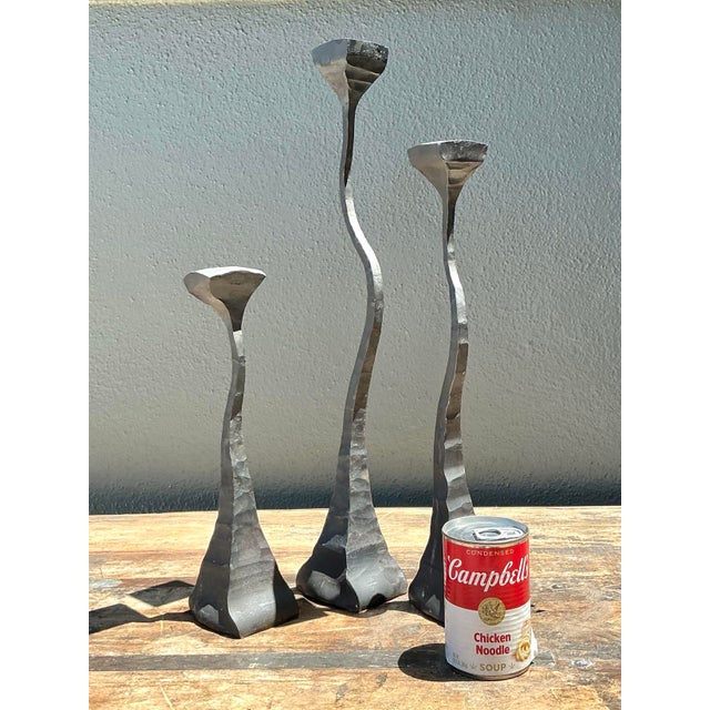 Vintage 1988 Hammered Iron Candlesticks - Set of 3 For Sale - Image 12 of 12