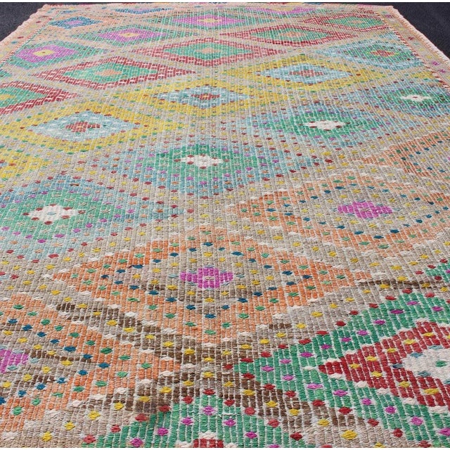 Colorful Turkish Embroidered Kilim Vintage Rug in Diamond Design & Vivid Colors For Sale - Image 11 of 13