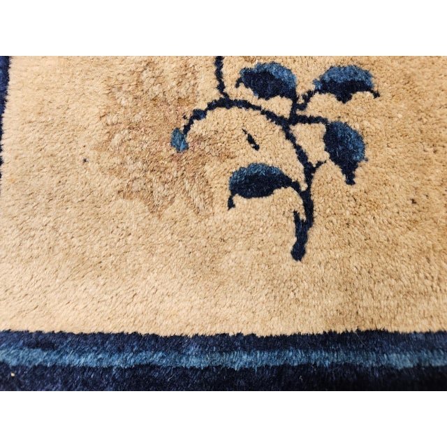 Vintage Chinese Art Deco Square Rug, Hand-Knotted Wool, Floral Pattern, Ivory & Blue, 14"x14" For Sale - Image 4 of 8
