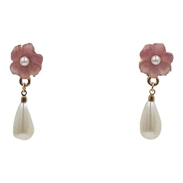 Vintage Circa 1990 Napier Resin Flowers & Faux-Pearl Pierced Earrings - 2 Pieces For Sale