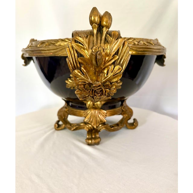 Vintage French Sèvres Style Cobalt Porcelain & Ormolu Centerpiece Bowl | Louis XV Revival For Sale - Image 4 of 10