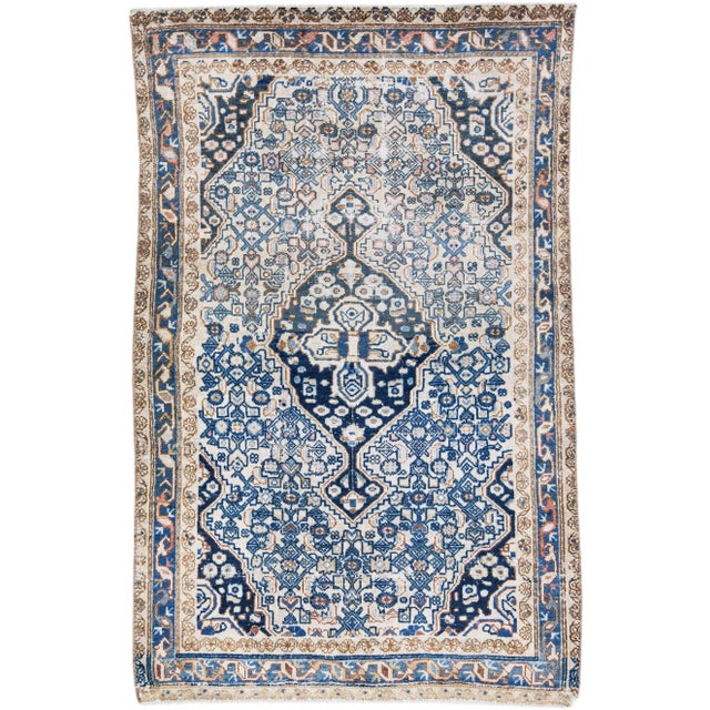 1960s Vintage Persian Hamadan Shabby Chic Navy Blue Handmade Medallion Wool Rug For Sale In New York - Image 6 of 6